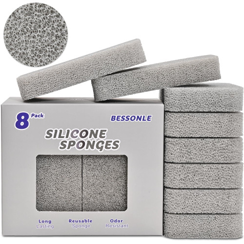 BESSONLE 8 Pack Silicone Scrubbing Sponges, Heavy-Duty, Non-Scratch Kitchen Sponges - Reusable, Odor-Free, Perfect as Cleaning for Dishes, Non-Stick, Countertops (Grey)