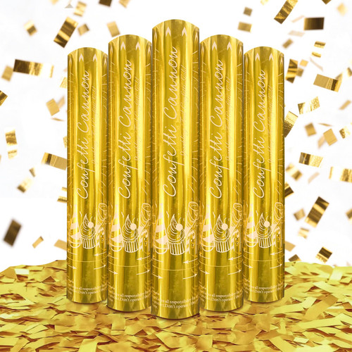 5-Pack Gold Confetti Poppers, 12-Inch Recyclable Confetti Cannons for Weddings, Birthdays, Graduations, and Festive Gatherings.