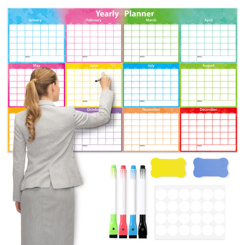 Large 1 Years Dry Erase Calendar for Wall 12 Month Wall Undated Laminated Whiteboard Big Calendar 59" x 37" Blank Monthly Planner Reusable Yearly Wall Calendar Task Organizer for Office School Home (Fold Package)