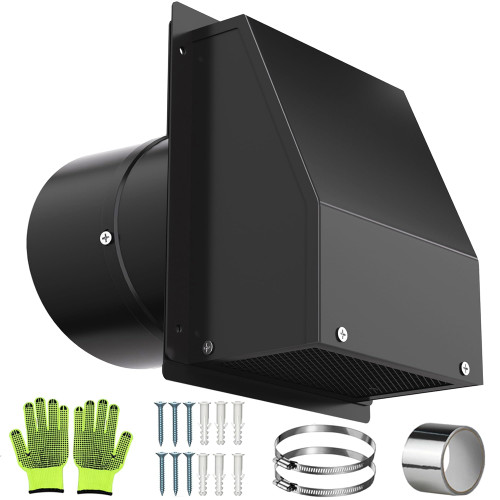 6 Inch Vent Cover with Screen and Damper, Galvanized Steel Hooded Wall Vent Cover Black Dryer Vent Cover Metal Exhaust Duct Cap Kit for Outdoor Laundry Room Kitchen Range Hood