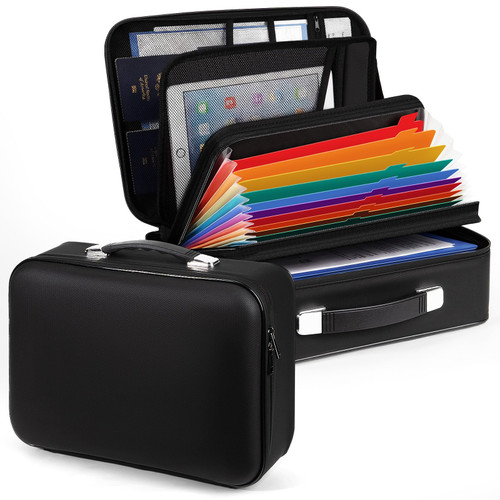 Fireproof File Organizer with Lock, Hard Expanding Document Organizer with 13 Pockets Accordion File Folder, Zipper and Labels, Portable Office Home Travel Safe Storage for Important Documents, Files