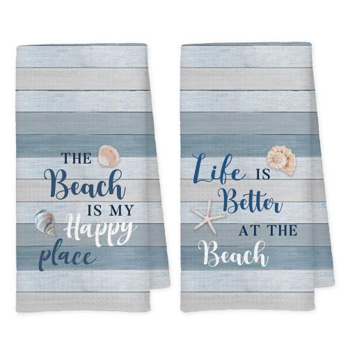 Qskjre Coastal Beach Kitchen Towels, Coastal Bathroom Decor, the Beach is My Happy Place Ocean Nautical Decorative Hand Tea Dish Towel for Bathroom Kitchen Decor, 16x24 Inch Set of 2