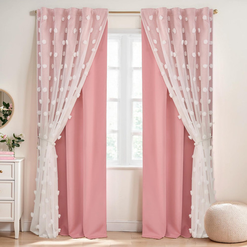 Pink Curtains 84 inch Long 2 Panels Set for Girls Bedroom Double Layer