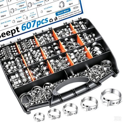 Seept 607Pcs 22 Sizes Single Ear Hose Clamps with Pliers 5.3-33.1mm 304 Stainless Steel Crimp Hose Clamps Assortment Kit Perfect for Automotive/Home Appliance/Water Pipe and Fuel Line