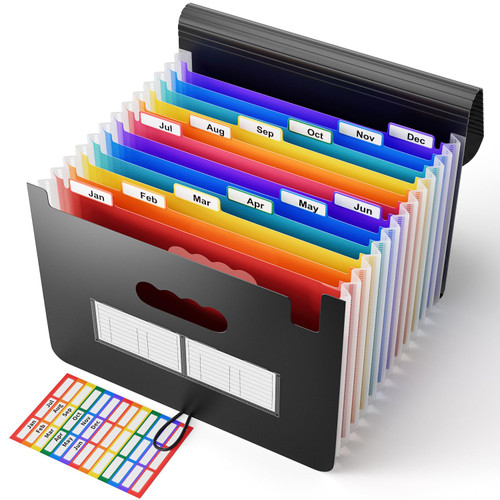 ABC life 12-Pocket Accordion File Organizer, Expandable File Folder with Colorful A-Z Tabs, Portable Bill & Receipt Organizer, Desktop Letter/A4 Document Storage for Home & Office-Black