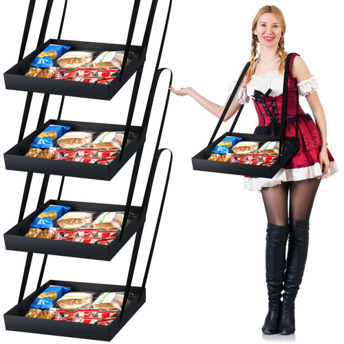 PerKoop 4 Pcs Halloween Black Snack Trays with Strap Movie Snack and Beverage Carrier Girl Party Wearable Vending Tray 2 x 11 x 13 Inches Costume Accessory Prop with 8 Black Ribbons for Women