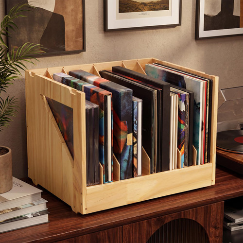 Briwooody 85 Records Wood Vinyl Record Storage with Handles for Display