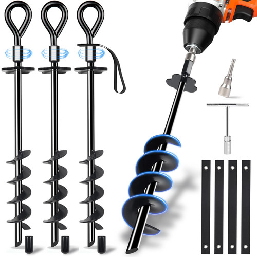 XINCAMPING Ground Anchors Screw in - 4 Pack Ground Anchors with Power Nut and Tool,Swing Set Anchors Heavy Duty Trampoline Anchors High Wind for Carports,Trampolines,Swing Set,Tents,Canopies.Shed
