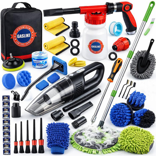 GASLIKE 63PCS Car Wash Cleaning Kit,Car Wash Brush with Long Handle,Car Detailing Kit with Foam Gun,Car Cleaning Supplies,Handheld Vacuum, Car Detailing Kit (63PCS)