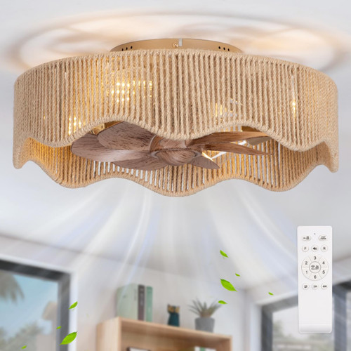 SHLUCE 18" Boho Fandelier Ceiling Fans with Lights and Remote, Caged Flush Mount Bladeless Ceiling Fan with Light, Small Rattan Low Profile Ceiling Fans with Lights for Bedroom, Living Room - ETL