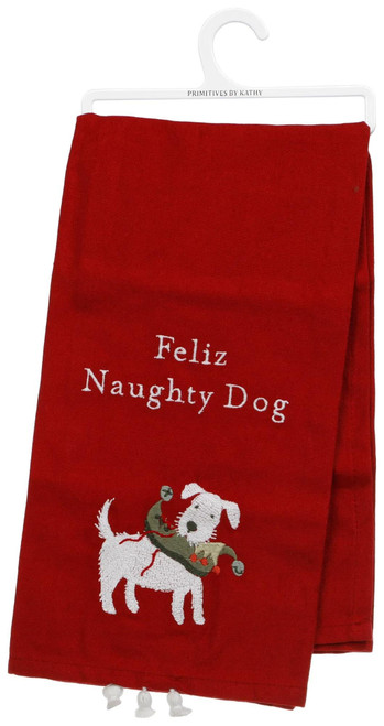 Primitives by Kathy Feliz Naughty Dog Dish Towel, Red