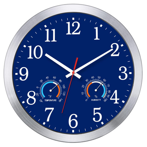 Caysie 16 Inch Large Outdoor Clocks Waterproof with Thermometer-Navy Blue