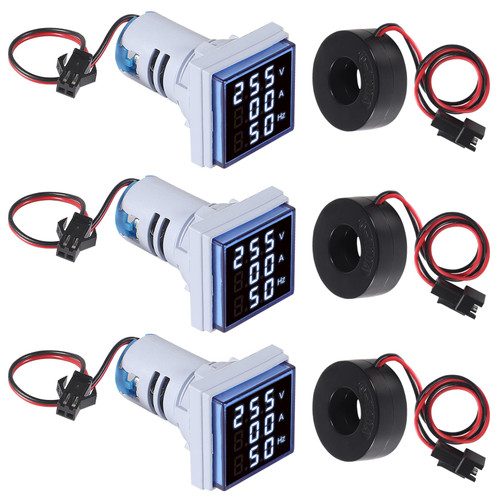 XIITIA 3pcs 3 in 1 60-500V 0-100A AC Digital Ammeter Voltmeter, 22mm Square Digital Tube Screen with Transformer, LED Display Voltage Detector Current Tester Gauge(Blue)