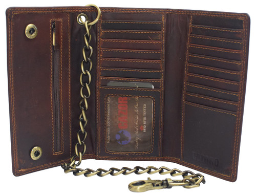 CAZORO Bikers RFID safe Cow Leather Crazy Horse Brown Long Checkbook Trifold Chain Wallet for Men Vintage Texture style