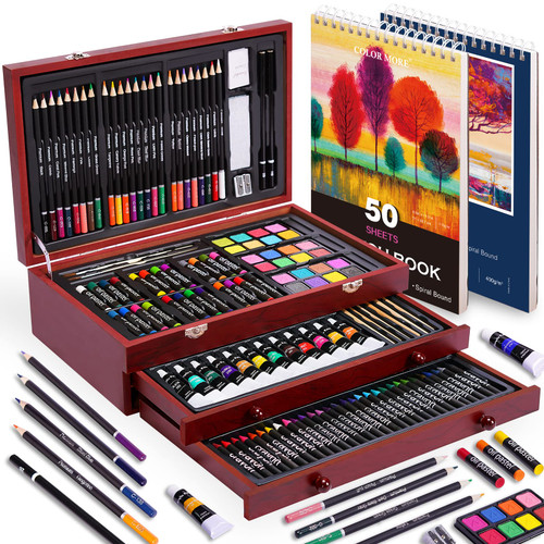 Color More 175 Piece Deluxe Art Set with 2 Drawing Pads, Acrylic Paints, Crayons, Colored Pencils, Paint Set in Wooden Case, Professional Art Kit, Art Supplies for Adults, Teens and Artist, WoodMuse Plus Color More 175 Piece Deluxe Art Set with 2 Drawing Pads, Acrylic Paints, Crayons, Colored Pencils, Paint Set in Wooden Case, Professional Art Kit, Art Supplies for Adults, Teens and Artist, WoodMuse Plus