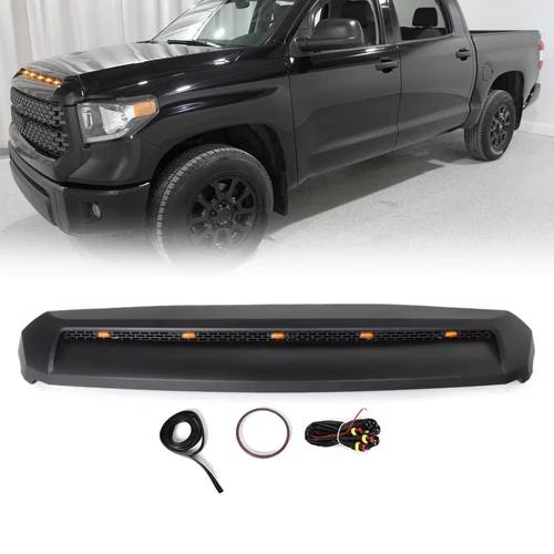 DIBON AUTO Hood Bulge Molding Grille For Toyota Tundra Front Upper Grille Hood Scoop With Amber Lights 2014-2021 (Black With Lights)