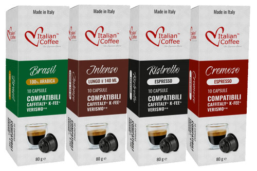 ITALIAN COFFEE FOR ESPRESSO LOVERS Italian Coffee capsules compatible with Verismo, CBTL, Caffitaly, K-fee systems (Sampler, 4 flavors, 40 pods tot., No decaf)