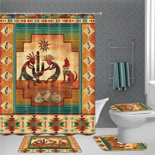 Bcsewcg Kokopelli Shower Curtain Set 4 Pcs, Southwestern Tribal Bathroom Sets with Rugs, Waterproof Curtain with Hooks, Non-Slip Bath Mat, Toilet Lid Cover, Western Decor, Hooks Included