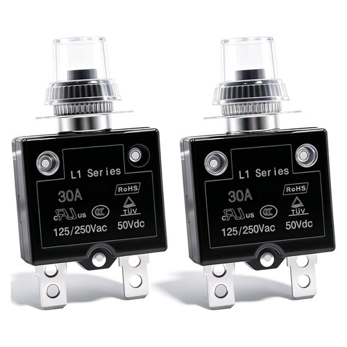 mxuteuk 2Pcs 30Amp Circuit Breakers Push Button Manual Reset 125/250V AC 50V DC, L1 Series Overload Protector Switch Thermal Circuit Breakers with Waterproof Button Caps L1-cj-30A