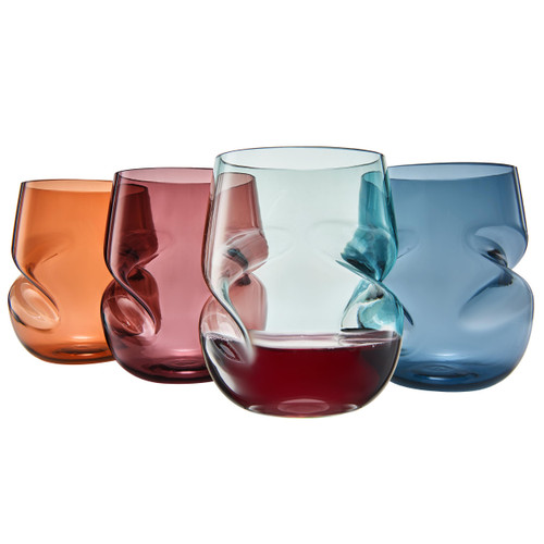 Khen Unbreakable Aerating Stemless Wine Glasses - European Tritan Plastic Wine Glass Set with Finger Indentations - Set of 4-13 oz Pastel Glass - Acrylic Reusable, BPA Free, Naturally Aerates Wines