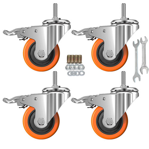 Stem Caster Wheels Heavy Duty Casters PVC M8-1.25x1″ (Stem Diameter 8mm, Stem Length:1″) Casters with Brake Dual Locking for Home, Office, Industry use (2 Inch, with Brake)