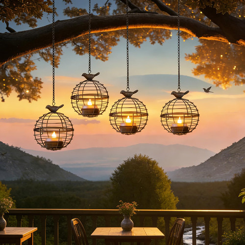 Solar Lanterns Outdoor Waterproof, Hanging Solar Lights with Rustic Iron Sphere Candle Holder, Globe Chandelier with Flickering Solar Tea Lights for Outside Tree Backyard Patio Garden-4Pack