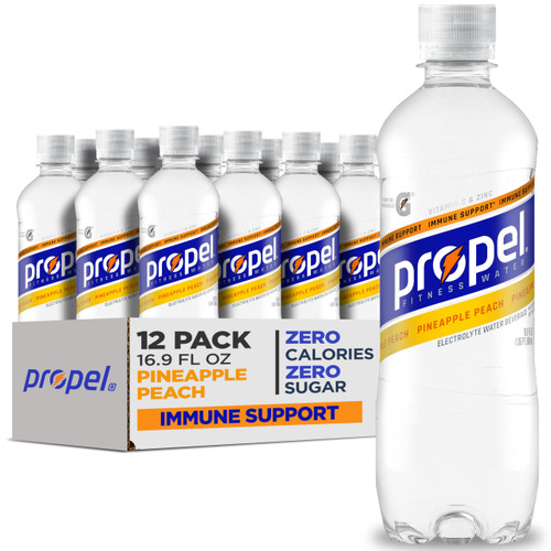 Propel Immune Support Electrolyte Enhanced Water Sports Drink, Pineapple Peach Flavored Water, 100% DV Vitamin C + Zinc, Zero Calorie & Zero Sugar Hydration with Electrolytes and Vitamins, 16.9 fl oz Water Bottles (12 Pack) Propel Immune Support Electrolyte Enhanced Water Sports Drink, Pineapple Peach Flavored Water, 100% DV Vitamin C + Zinc, Zero Calorie & Zero Sugar Hydration with Electrolytes and Vitamins, 16.9 fl oz Water Bottles (12 Pack)