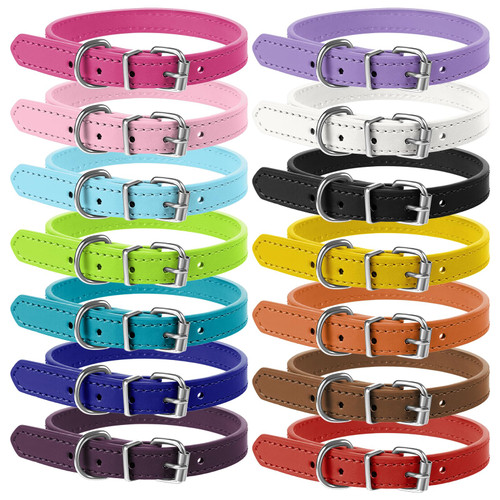 16 Pcs Adjustable Newborn Puppy Collars for Litter - 8 Colors PU Leather Whelping Collars for Puppies, Suitable for Small Medium Breed Dogs & Kittens (9.05-11.41 Inches)