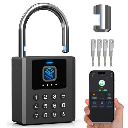 Eseesmart Heavy Duty Fingerprint Padlock with Key, Smart Combination Gate Lock, High Security 8mm Shackle with Double Notch Outdoor Weatherproof for Gate Fence Shed Storage Unit Containers