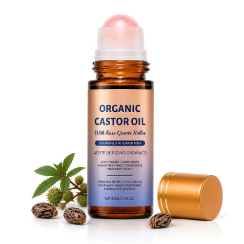 Organic Castor Oil Roll On with Rose Quartz Roller, 100% Cold Pressed Oil