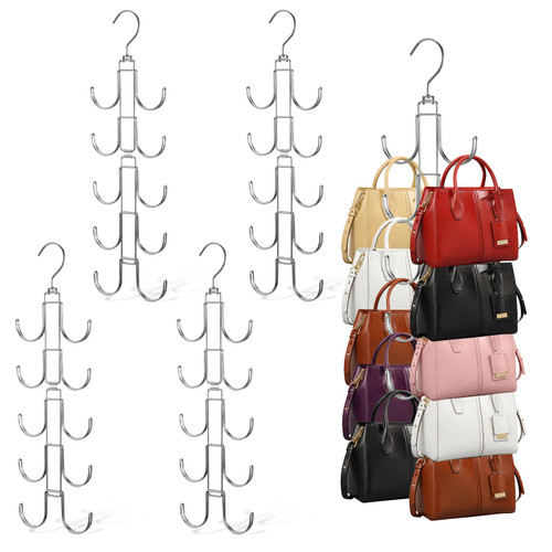 HANLANXUE 4 Pack Purse Organizer for Closet, Purse Hanger with 10 Big Hooks, 360 Degree Rotation Bag Holder for Organizer Display, Foldable Space Saving Hangers Rack for Handbag, Belt, Scarve, Tie