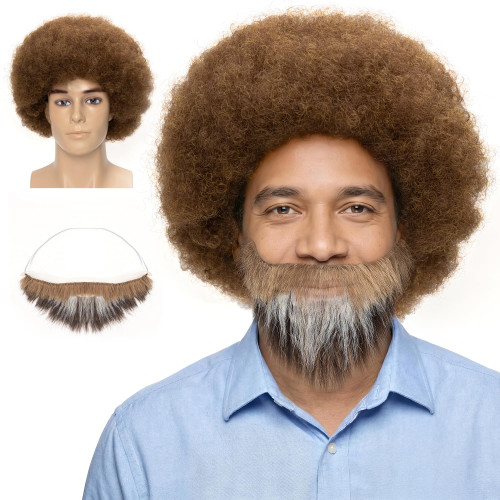 FATMAUI Complete Brown Afro Wig and Beard Set, Retro 70s 80s Painter Costume for Men Women, Fluffy Curly Hairpiece for Halloween Cosplay Themed Party Dress Up