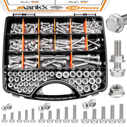 mankk 244PCS 304 Stainless Steel Metric Flange Bolts and Nuts Assortment Kit M5/M6/M8(10mm to 35mm) Hex Bolts and Nuts Kit for Automotive