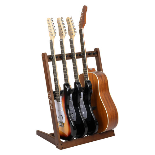 STRICH Wooden Guitar Stand Multiple Guitars, Guitar Rack for 3 Acoustic or 5 Electric Guitars & Basses, Floor Standing Multi Guitar Display for Studio & Home - Protective Padding, SMT-10 (5-Holder)