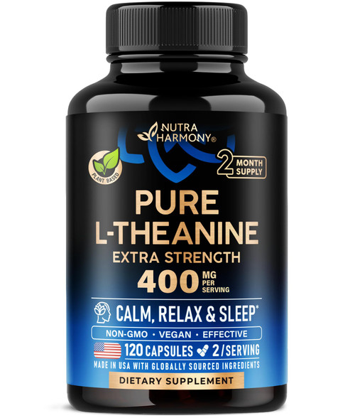 L Theanine 400 mg | L-Theanine Stress Relief | Extra Strength Supplement | Made in USA | Relaxation, Sleep & Calm Support | for Men & Women | Plant Based, Non-GMO & Gluten-Free | 120 Vegan Capsules