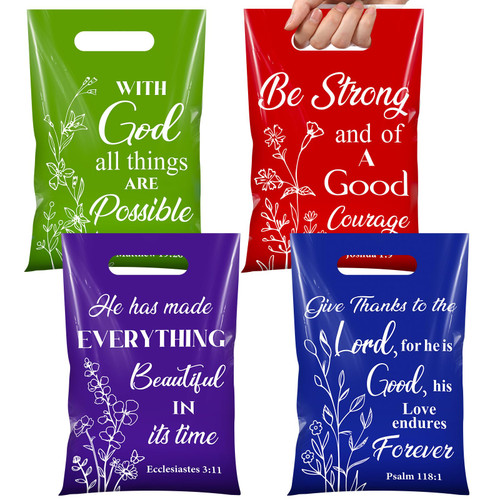 Pasimy 100 Pcs Christian Gift Bags Bulk 6.7 x 9.8 In Plastic Bible Verse Religious Goodie Bags Inspirational Scripture Treat Candy Party Favor Pouch for Church Jesus Birthday Gifts (Colorful,Classic)
