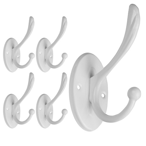 5pcs White Coat Hooks Wall Mounted Coat Hooks Farmhouse Matte Black Wall Hooks with Screws Metal White Towel Hooks for Bathrooms Entryway Hooks for Hanging Coats, Keys, Hats, Scarves, Robe, Bags