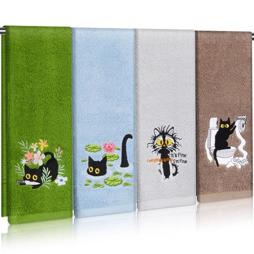 SmoothNovelty 4Pcs Funny Black Cat Bathroom Hand Towels Cotton