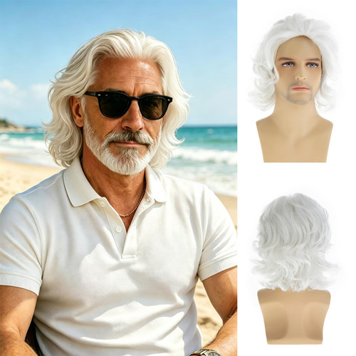 Eonfiwg Mens Short Wavy White Wig Natural Looking Halloween Cosplay Hair Wig for Men