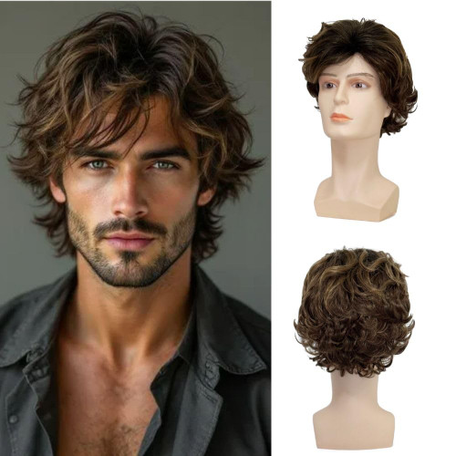 Kisayasi Mens Short Brown Layered Curly Wig Natural Fluffy Synthetic Hair Wig for Daily Halloween Costume Cosplay Use