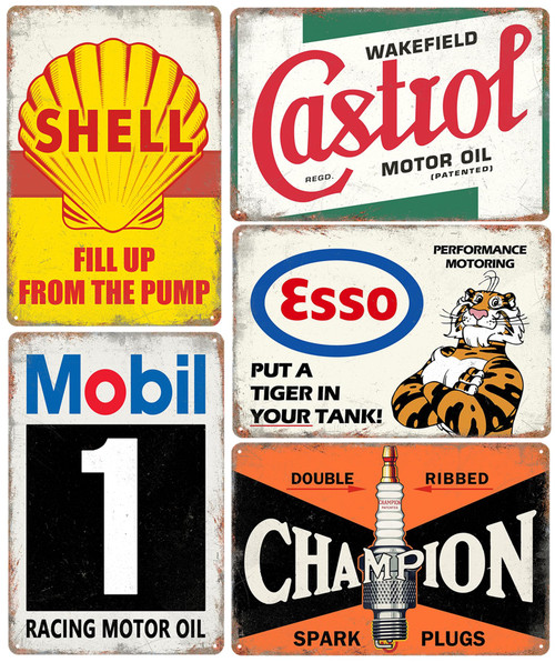 Vintage Metal Tin Signs Garage Signs, Man Cave Accessories Old Car Posters Motor Oil Antique Gas Oil Sign Tiki Bar Decor 8 x 12 Inch（5pcs）
