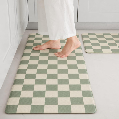 Ohocut Checkered Kitchen Mats for Floor Set of 2, 2 Pcs Sage Green Cushioned Non Slip Runner Rugs for Kitchen/Sink/Laundry, Comfort Aesthetic Cute Anti-Fatigue Foam Floor Mat 17.3"x29.5"+17.3"x47.2"