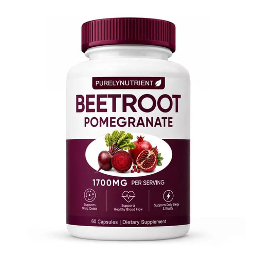 PURELYNUTRIENT Beet Root + Pomegranate Supplement with 1200mg Beetroot & 500mg Pomegranate Extract, for Nitric Oxide Support, Healthy Circulation, Energy & Performance, 60 Capsules