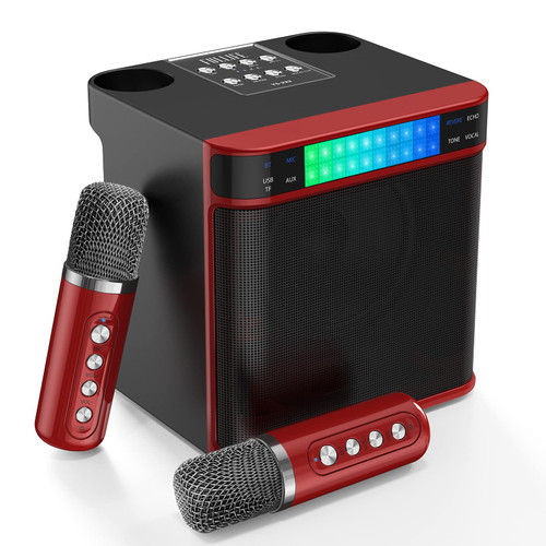 Karaoke Machine for Adults and Kids, FULLIFE Portable Bluetooth PA Speaker System with 2 UHF Wireless Microphones, Karaoke Speaker with Echo, Supports TF/USB, AUX in, for Home Party (YS223Red)