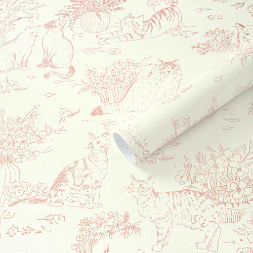 Guvana Pink Peel and Stick Wallpaper Cat Wall Paper Vintage Animal Contact Paper Vinyl Waterproof Wallpaper Floral Slef Adhesive Removable for Living Room Bedroom Kitchen Bathroom 17.3"×78.7"