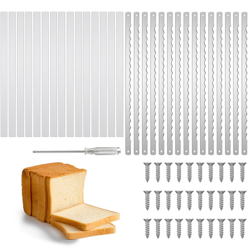 15 Pcs Bread Bow Knife Blades Set, 10.75" Serrated 304 Stainless Steel Replacement Blades with Safety Guard Sleeves, Screws & Screwdriver for Wood Bread Cutter Slicer Machine