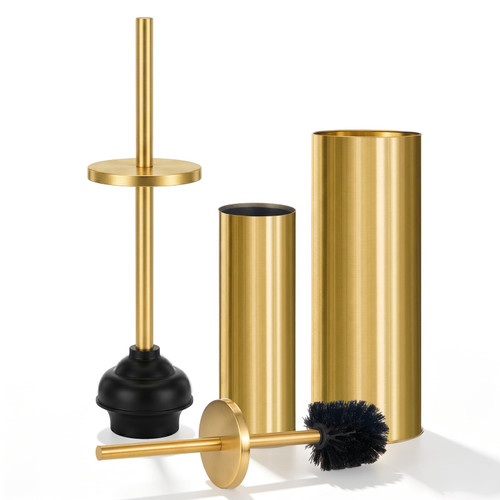 Maxdot Gold Toilet Plunger and Brush Set, 2 Piece Stainless Steel Bathroom Cleaning Combo with Holder, Modern Luxury Gold Finish Cleaning Toilet Tools for Bathroom Deeply Clean and Decor