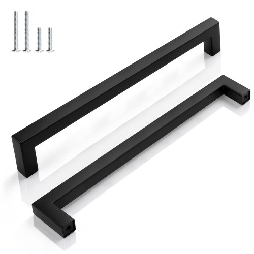 Gobrico 6 Pack 7-1/2 Inch (192mm) Hole Center Cabinet Pulls, Black Cabinet Handles, Stainless Steel Square Kitchen Cabinet Handles, Drawer Pulls 8'' Overall Length