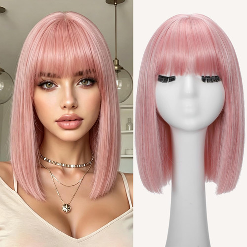 Usweety Pink Bob Wig With Bangs Short Straight Synthetic Anime Cosplay Wigs for Women 14 Inch Shoulder Length Bob Hair Replacement for Daily Party Colorful Bob Wigs