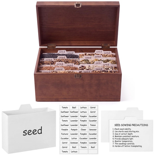 SiliFine Seed Storage Box Garden Seed Organizer with Divider Labels, Walnut